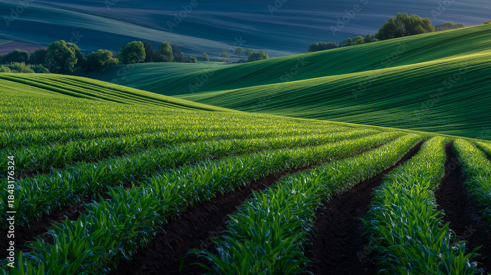 Naklejka premium Natural landscape of early summer grain crops in the Lower Rhine area, uniform planting patterns and healthy green color, soft sunlight, Earth Day concept emphasizing renewable lan