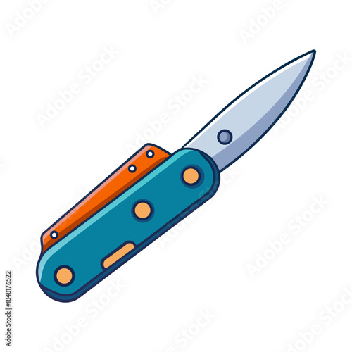 A sharp stainless steel knife with a black plastic handle is a kitchen cutting tool and metal utensil isolated on a white background for construction work or use as a sharp blade weapon