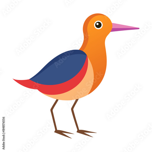 Cute cartoon vector illustration of a red bird with delicate wings and beak flying near a spring flower and a wild bird perched on a nature branch