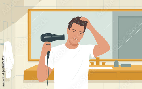 Man styling hair in front of bathroom mirror