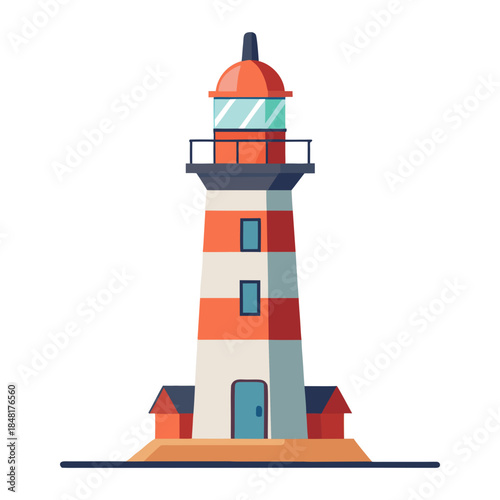 A tall red and white lighthouse tower stands as a nautical beacon of safety on a white background, featuring a classic coastal architecture design for maritime navigation and warning