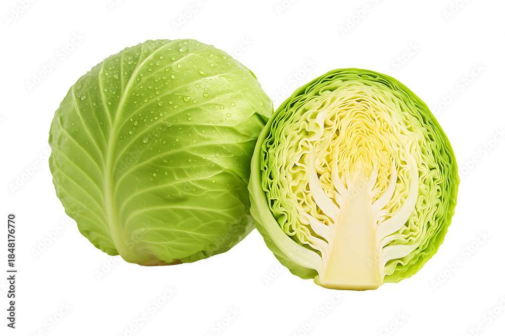 Fototapeta premium Organic green cabbage vegetable showing internal leaf layers and texture