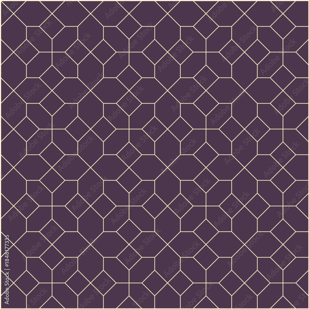 Fototapeta premium Cream grid pattern created from diamonds and irregular hexagons on a dark purple background