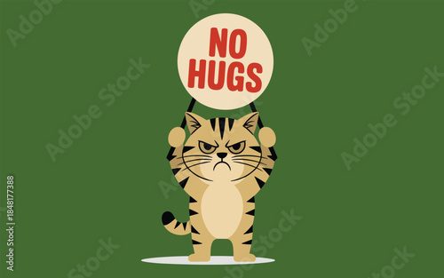 An angry cartoon tiger standing with a sign indicating no hugs on a green background