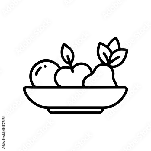 Bowl of assorted fruits with leaves on a white background - Concept of icons  