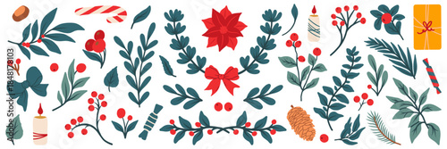 Christmas floral design elements set. Fir branches, leaves, twigs, berries, flowers, and a bow. Christmas decoration in a flat style on a white background.