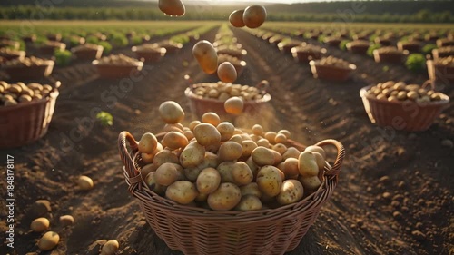 Fresh raw potatoes fall into a basket in a field