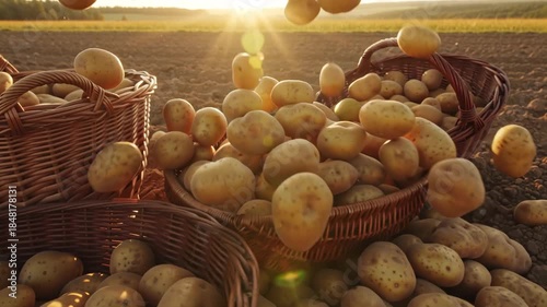 Fresh raw potatoes fall into a basket in a field