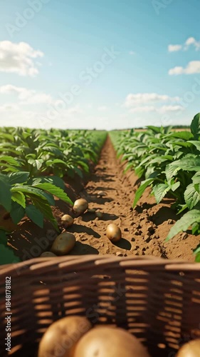 Fresh raw potatoes fall into a basket in a field