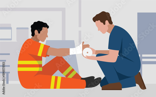 A medical professional provides first aid to an injured firefighter in a clinical setting