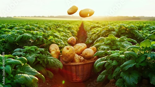 Fresh raw potatoes fall into a basket in a field