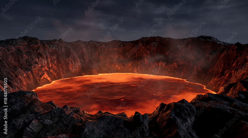 Fototapeta premium Lava lake inside a volcanic crater at night