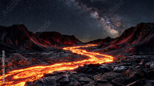 Lava flow illuminated under starry sky