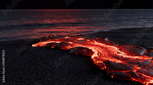 Lava flowing onto a black sand beach at dusk