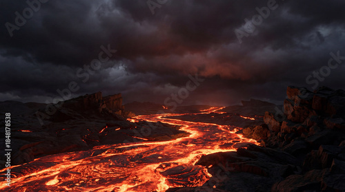 Photos Lava flowing through rocky landscape under stormy skies