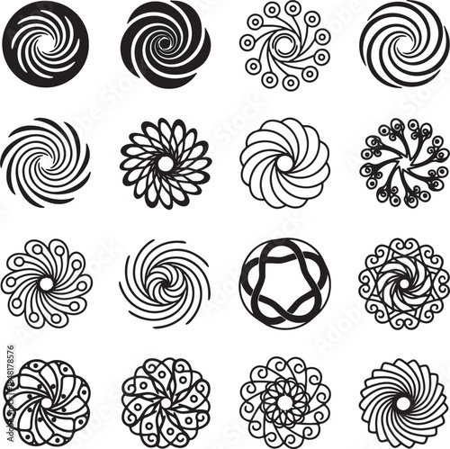 Collection of sixteen intricate black and white circular geometric patterns and abstract floral with swirling and radial on a white background also transparent background