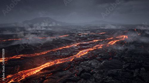 Bilde på lerret Lava flowing through a dark volcanic landscape