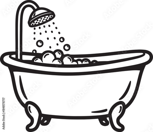 A whimsical hand-drawn of a clawfoot bathtub with a showerhead spraying water and creating a cascade of bubbles in the foamy water a charming bathroom scene also transparent background