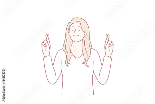 Feeling hope with crossed fingers concept. Young positive woman cartoon character standing with eyes closed holding fingers crossed vector illustration