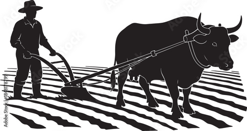 Silhouette of a farmer wearing a hat guiding a bull pulling a plow through a tilled field, depicting traditional agriculture and farming also transparent background