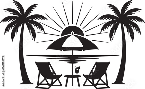 Tropical beach scene silhouette with palm trees sun umbrella deck chairs and a cocktail under a setting sun over the ocean representing vacation and relaxation also transparent background
