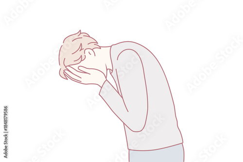 Unhappy guy cover face cry feel broken depressed suffer from mental psychological problems. Upset man stressed with life troubles. Depression and nervous disorder. Panic attack. Vector illustration.