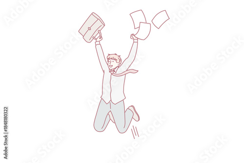 Overjoyed guy student jump with paperwork excited with high exam mark or test pass. Smiling man employee triumph get promotion news from work. Success, achievement concept. Vector illustration.