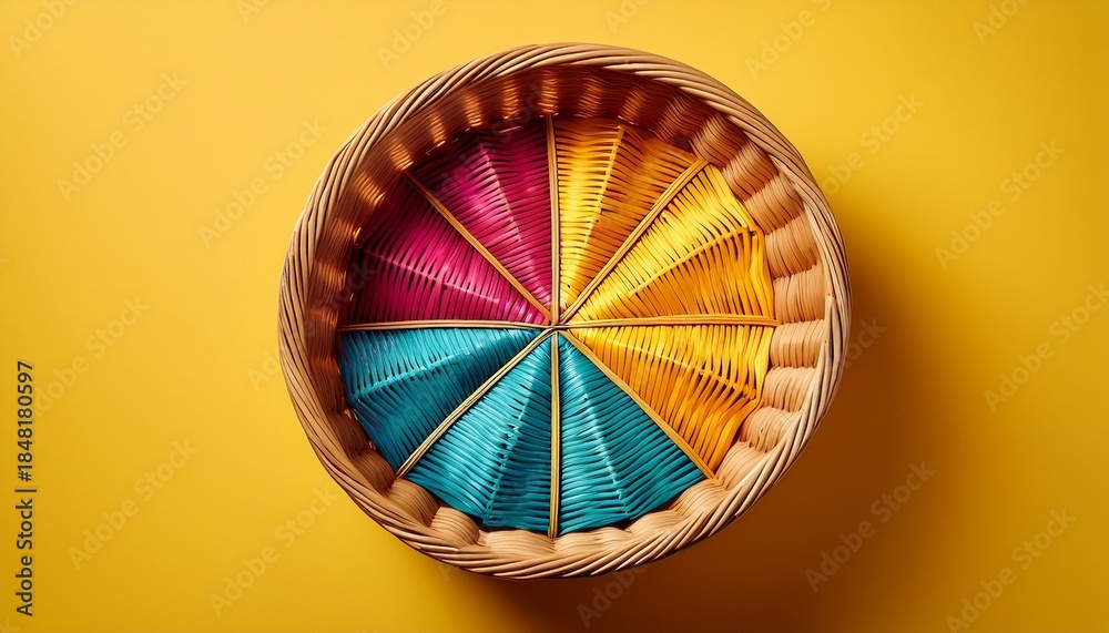 Obraz premium colorful weave basket on yellow background minimalist aesthetic