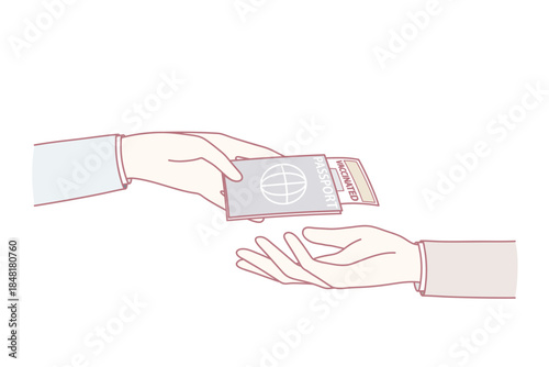 Man present passport with vaccination certificate to steward traveling abroad during covid-19 times. Male customer give document with immunity pass against corona. Flat vector illustration.