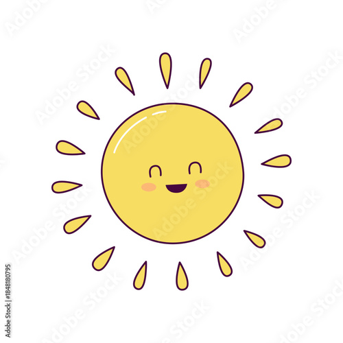 Cute smiling sun illustration in hand drawn kawaii style