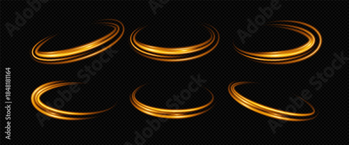 Circle light with gold swoosh png and magic. Effect yellow sparkle with line and circle. Light gold banner flash speed swirl blue twist motion flow background shine vortex golden blur energy bright.