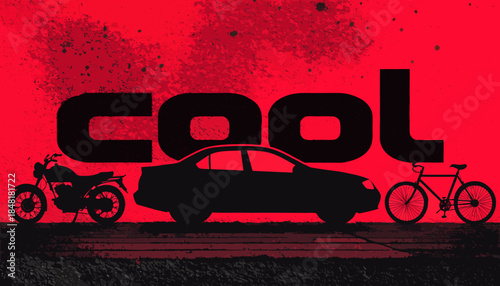 Cool text, black car on the road red, biker on the road and car and violent, cool logo silhouettes of cars, motorbikes, and bicycles.