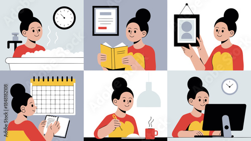 Various activities of a woman in different scenarios