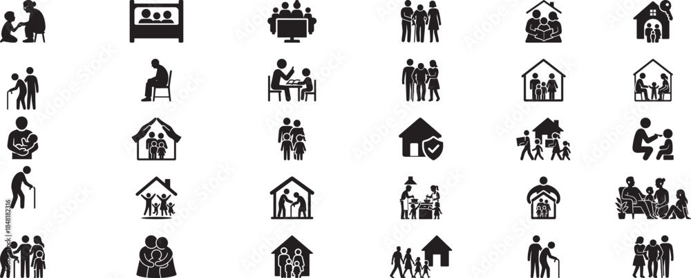 Fototapeta premium Family And Home Icons Representing Security And Care Keywords: family, home, icon, silhouette