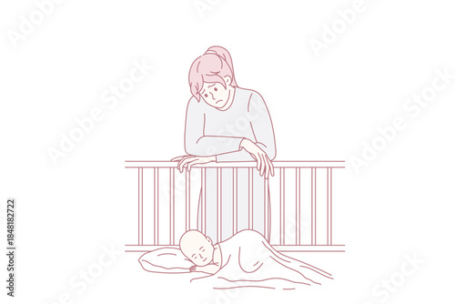Unhappy young woman near baby crib thinking struggling with postpartum depression. Upset tired mother suffer from psychological emotional mental problems after pregnancy. Vector illustration.