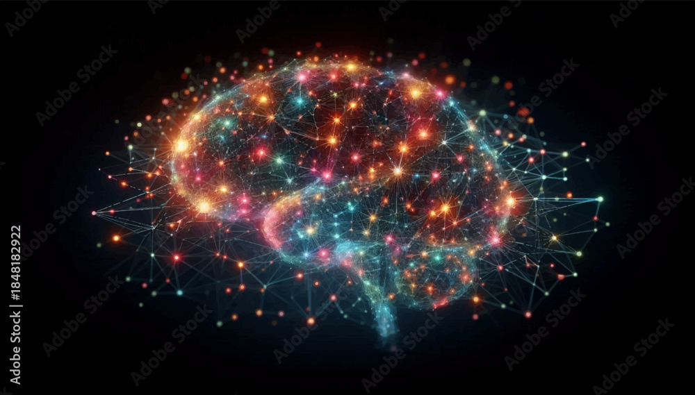 Αυτοκόλλητο A complex network of luminous nodes and connections that mimic brain activity or network connections is ideal for IT topics and modern presentations