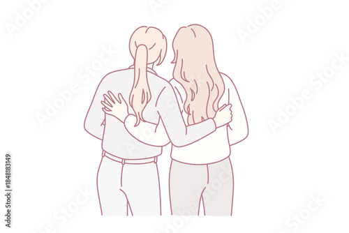 Lesbian love and homosexual couple concept. Two girls standing and embracing each other feeling loving couple vector illustration