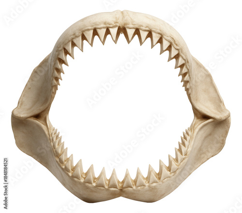 Great white shark jaw featuring serrated triangular teeth.