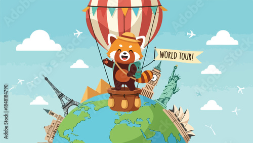 Cute red panda world tour vector illustration on white background