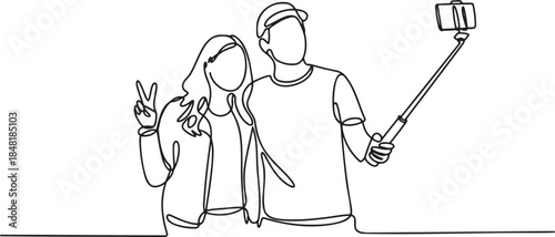 Continuous line drawing of a happy couple taking a selfie with a smartphone