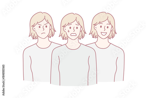 Young woman have different emotions suffer from bipolar disorder. Girl feel emotional struggle with mental or psychological problems. Healthcare. Psychology and counseling. Vector illustration.