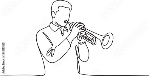 Continuous line drawing of a musician playing trumpet