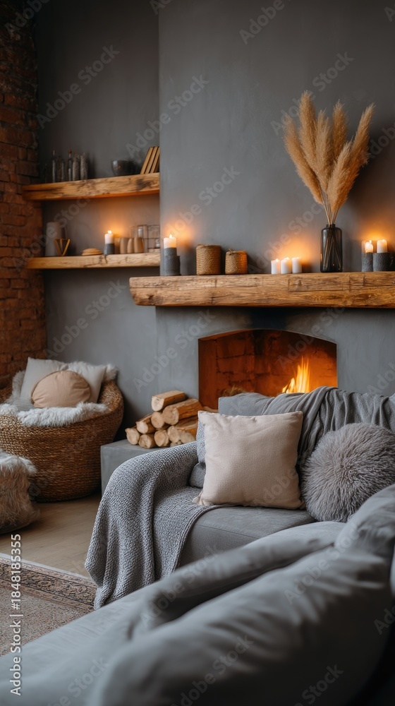 Obraz premium Modern living room with a fireplace and large windows overlooking a green landscape at sunset