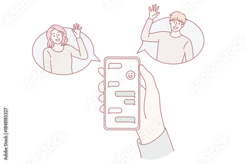 Online chat and technologies concept. Human hand holding smartphone with chat and smiling friends greeting from sides vector illustration