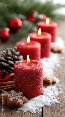Festive red candles surrounded by holiday decorations on a snowy winter day