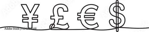 Continuous line drawing of various world currency symbols including yen pound euro and dollar