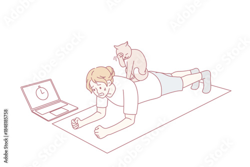 Sporty woman stand in plank, lazy cat sitting on back. Toned active girl follow healthy lifestyle do sports with online training lesson or class on computer at home on lockdown. Vector illustration.
