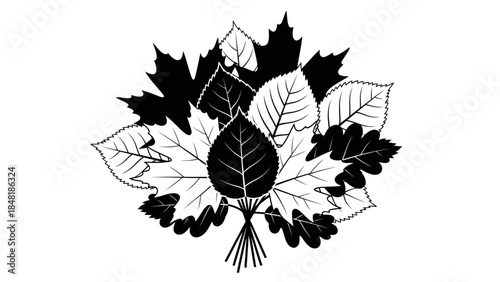 Leafy Embrace: A monochromatic representation of various leaf species, intertwined and gathered together. Illustrating a bundle of nature's beauty in artistic minimalism.