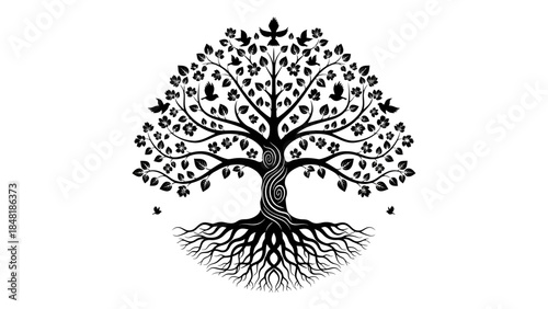 Rooted Elegance: A stylized, monochrome illustration showcases a majestic tree, its sprawling roots anchoring it to the earth, its branches reaching towards the sky.