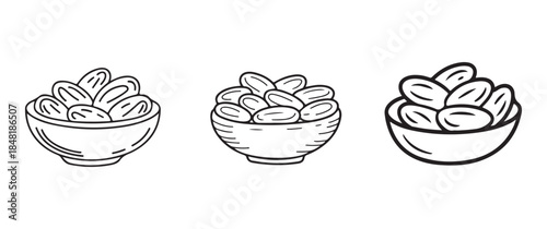 A simple black and white illustration showcasing three bowls filled with olives arranged neatly in a row